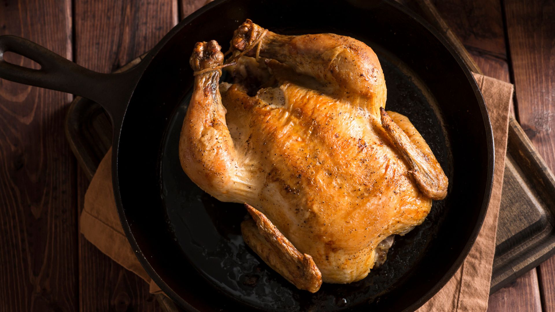 A roast chicken as seen from above