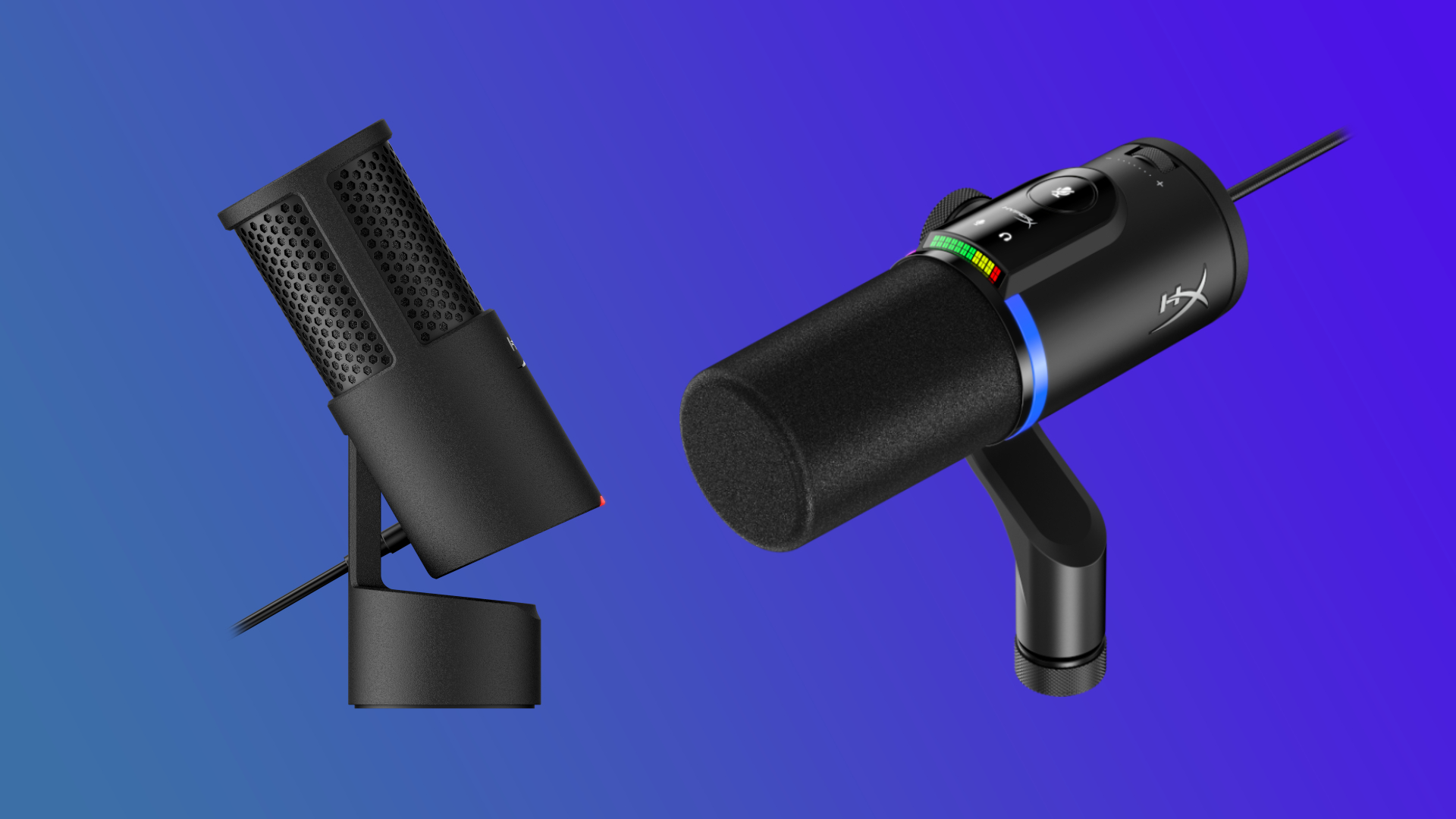 The HyperX FlipCast and the HyperX SoloCast 2 on a blue gradient background