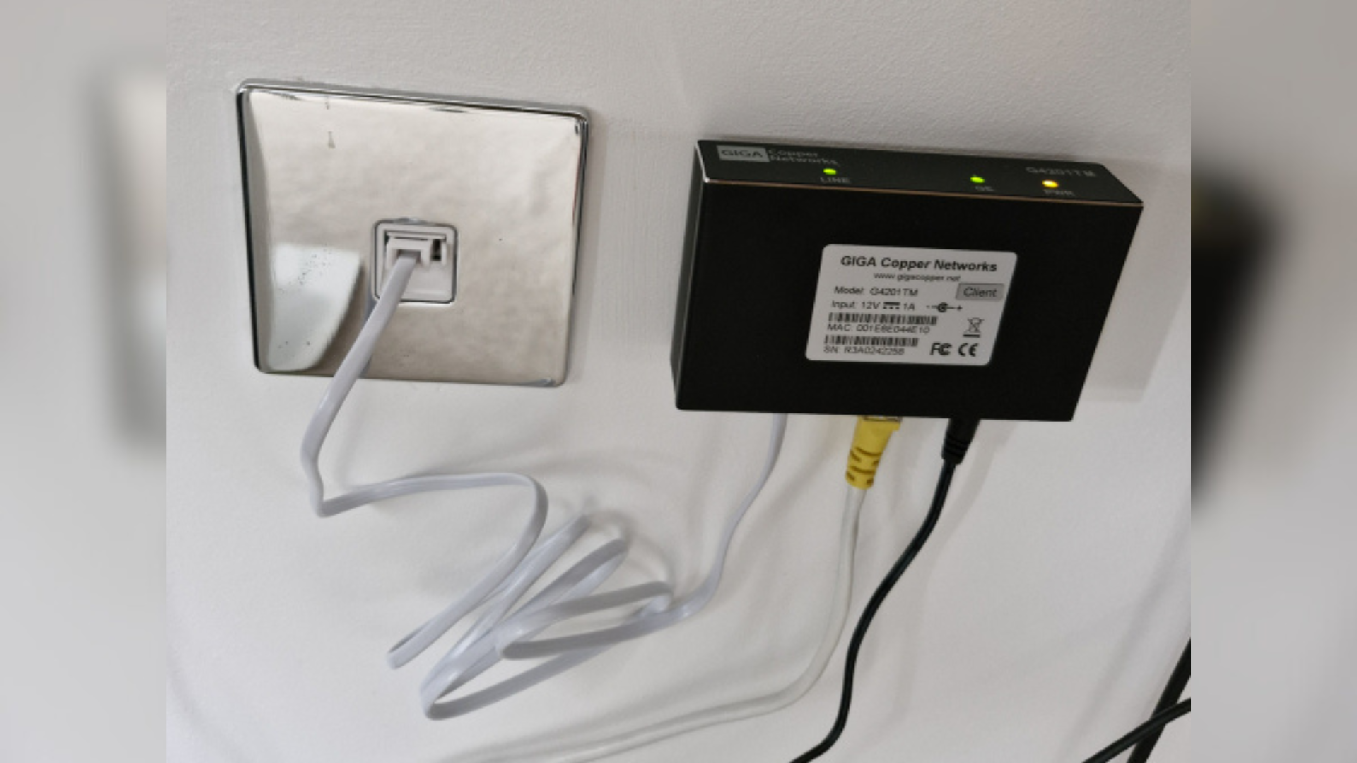 A GIGA Copper telephone modem converting telephone line into gigabit ethernet 