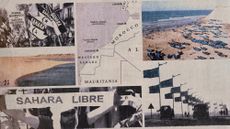Photo collage of Sahrawi people protesting, a pro-Sahrawi protest in Madrid, a map of Western Sahara and Morocco, sand dunes outside of Dakhla, and Sahrawi fishermen in Moroccan-administered territory