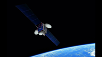 An artist's rendition of a cube-shaped satellite in space. 