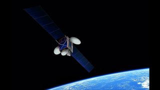 An artist's rendition of a cube-shaped satellite in space. 