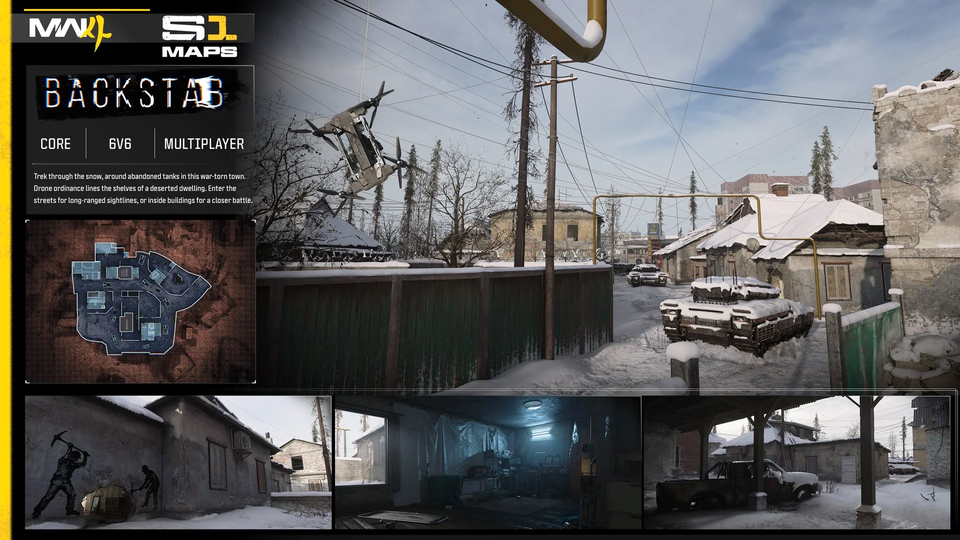 A few different views of the new Backstab multiplayer map, arriving with MW4 Season 1