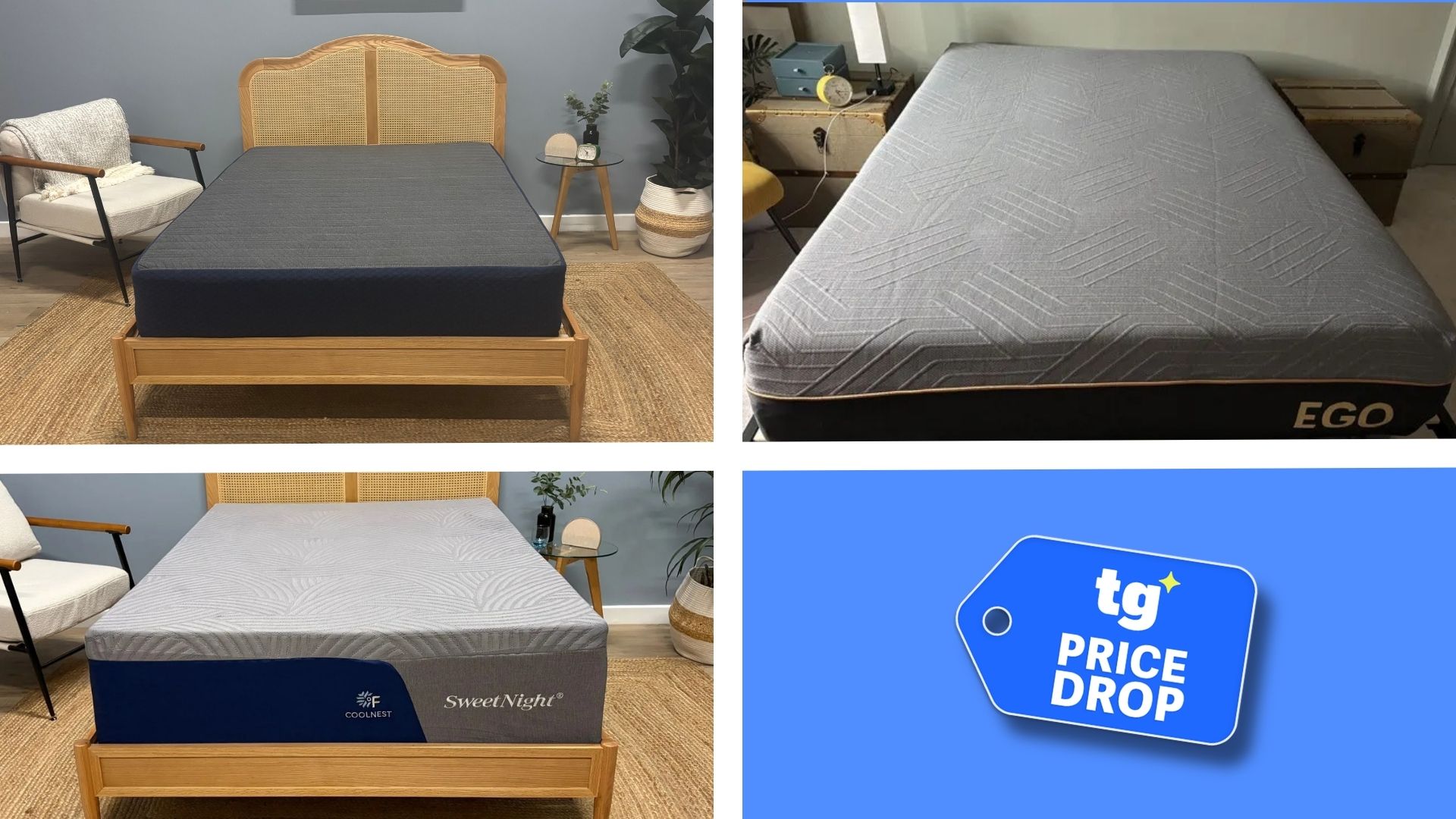 A collage of images of mattresses. A deals badge is seen in the bottom right foreground. 