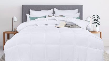 Utopia white bedding duvet on bed with cute cushions
