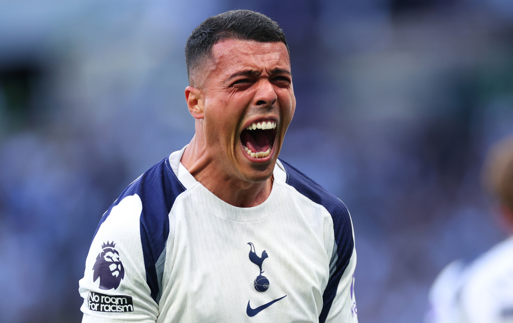 Pedro Porro of Tottenham Hotspur celebrates scoring their first goal during the Premier League match between Tottenham Hotspur and Brighton &amp; Hove Albion at Tottenham Hotspur Stadium