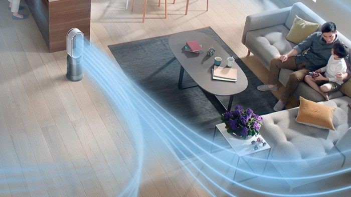 Dyson air purifier circulating cool air around a living room