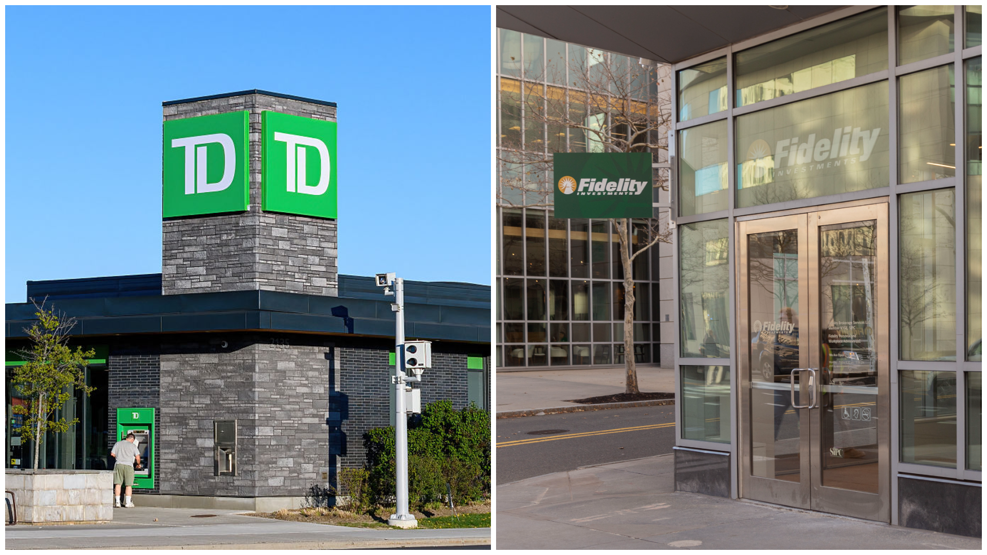 A collage of images of a TD Bank and a Fidelity Investments location. 