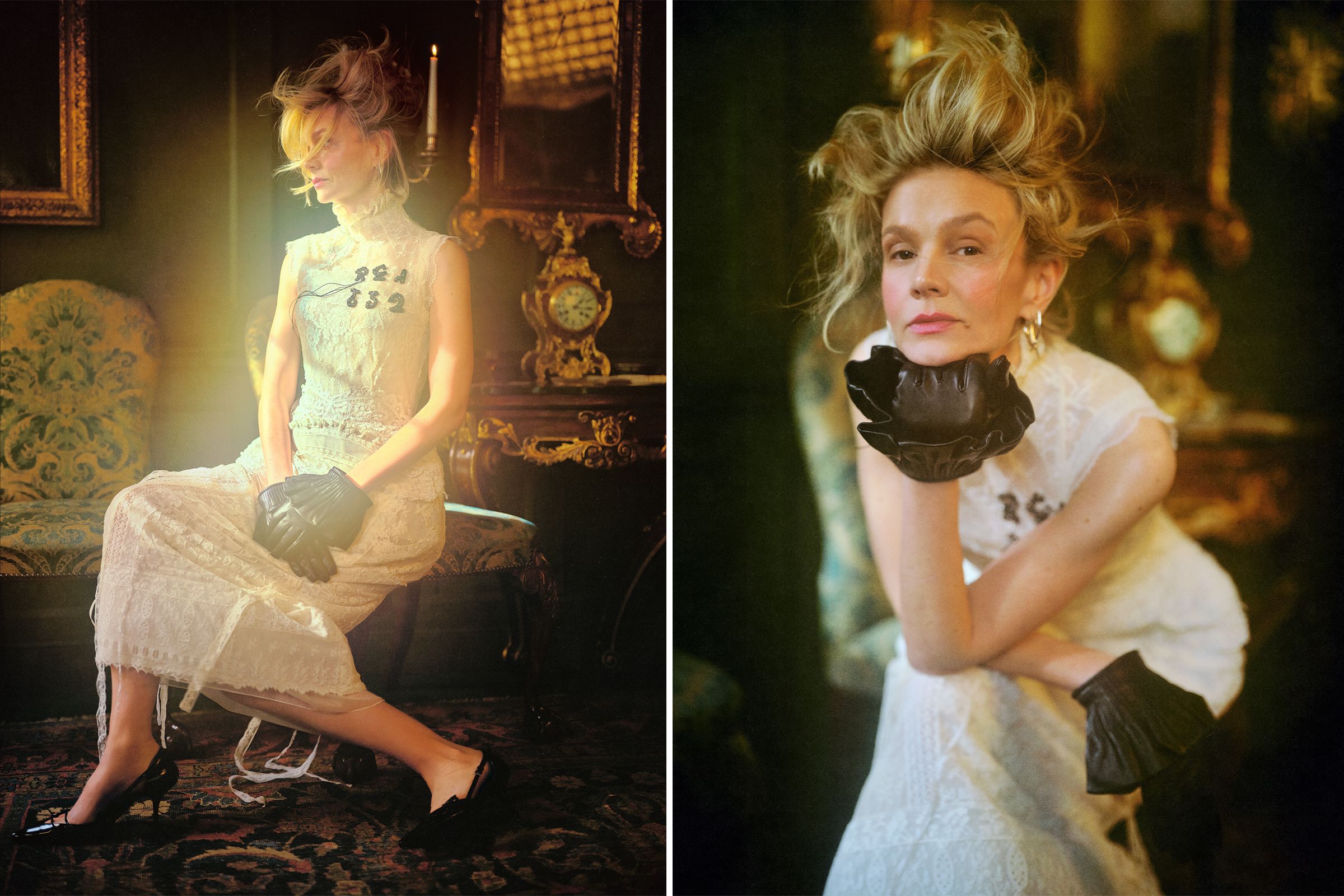 Carey Mulligan for Who What Wear's April cover story posing in two different photos wearing a white lace long dress with black gloves