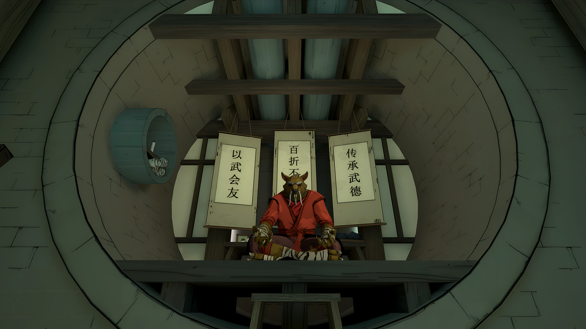 A screenshot of TMNT Empire City on the Meta Quest 3 showing Splinter meditating in a sewer lair