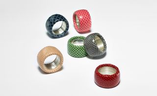 Leather Ring, in Karung snake leather; beige, blue, green, grey, pink and red