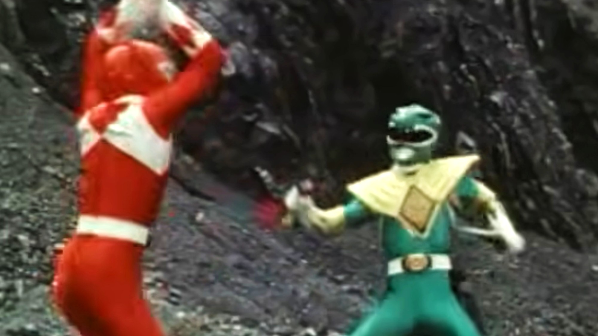 An intense battle between the Red and the Green Ranger on Mighty Morphin Power Rangers