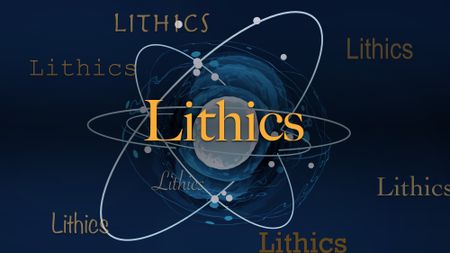The word 'lithics' in yellow centered on a dark blue background with white oval features.