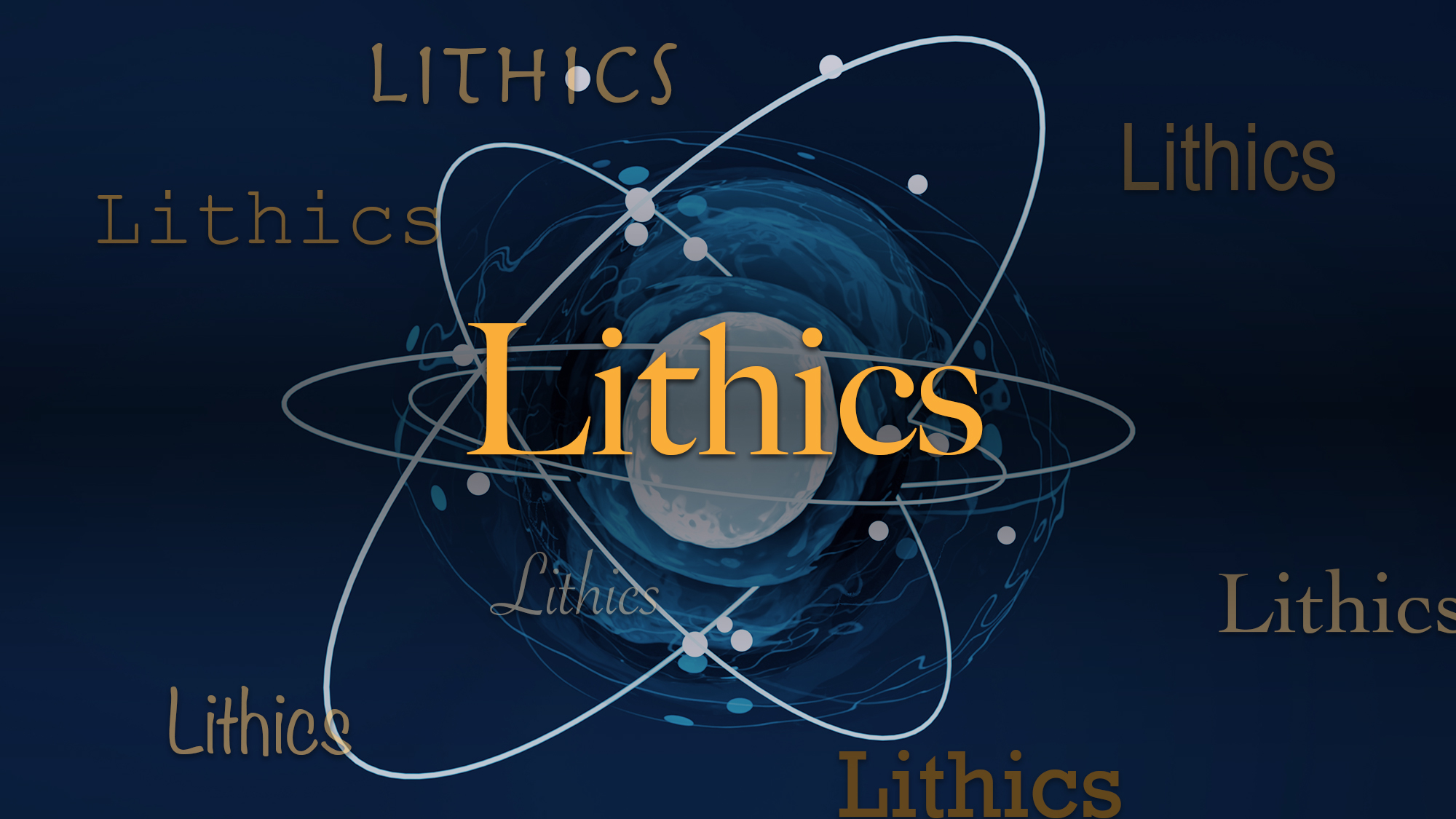 The word 'lithics' in yellow centered on a dark blue background with white oval features.