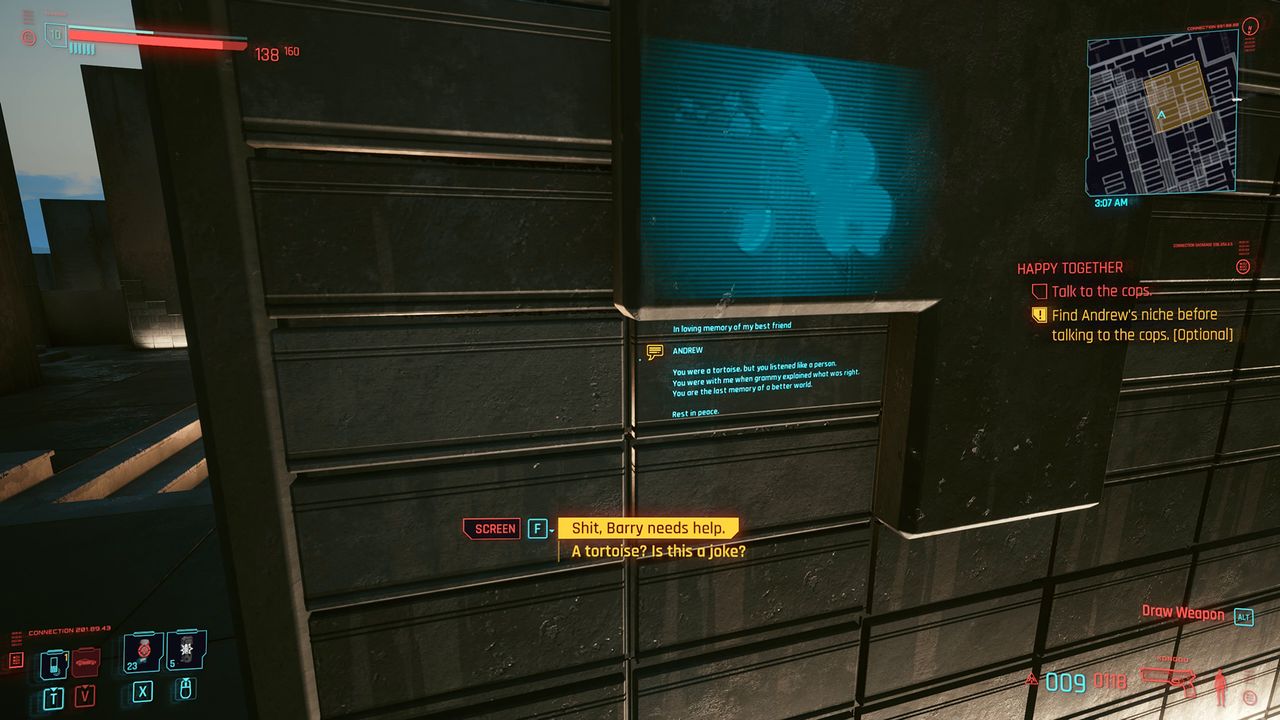 Andrew's niche in Cyberpunk 2077, displaying Barry's written epitaph on a holo screen.