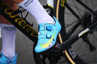 ORLEANS FRANCE JULY 09 Detail view of thre Nike shoes of Mark Cavendish of The United Kingdom and Astana Qazaqstan Team prior to the 111th Tour de France 2024 Stage 10 a 1873km stage from Orleans to SaintAmandMontrond UCIWT on July 09 2024 in Orleans France Photo by Dario BelingheriGetty Images