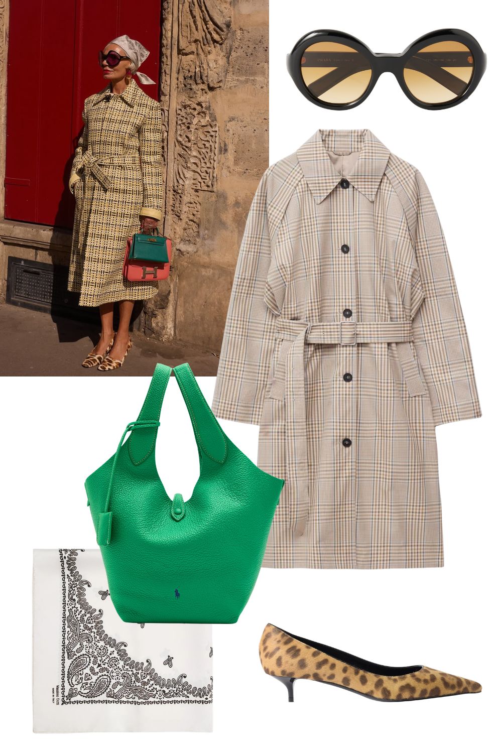 flat lay cutout images of how to style a silk scarf outfit idea - in the hair