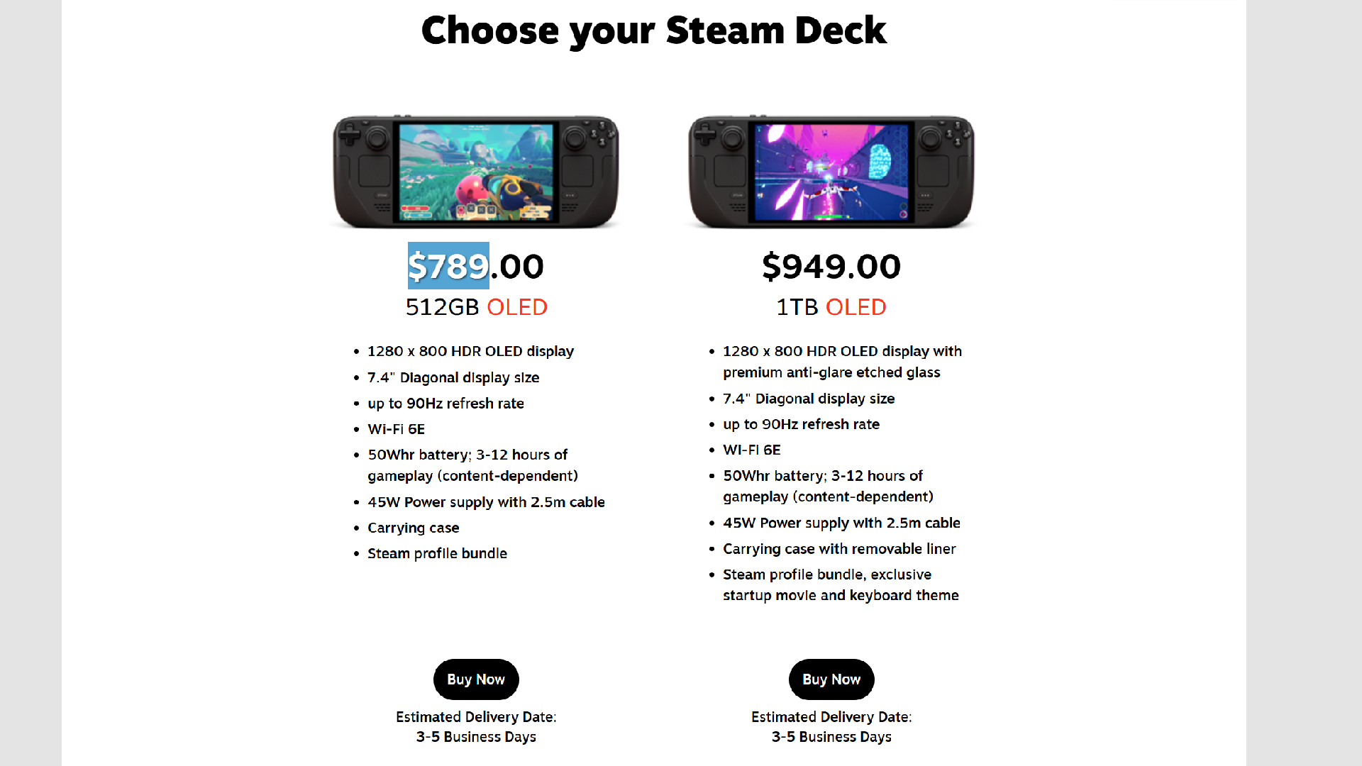 Steam Deck OLED pricing on site with $789 and $949 under 512GB and 1TB models respectively.