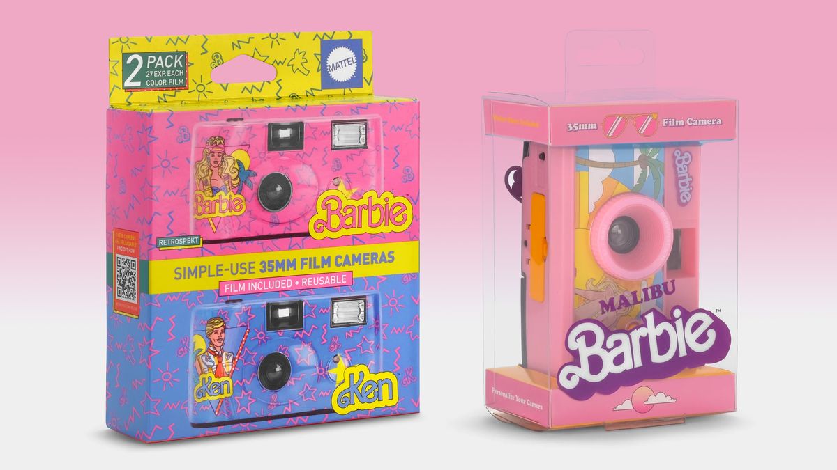 The Malibu Barbie Retrospekt FC-11 and Barbie &amp; Ken Retrospekt Simple-Use cameras, in their packaging, against a white and pink background