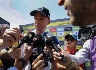 Chris Froome (Team Sky) speaks to the press at the start of stage 2