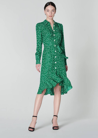 L.K.BENNETT BILLIE GREEN PEARL PRINT RUFFLE HEM SILK SHIRT DRESS, Now £227.50 Was £325