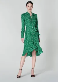 L.K.BENNETT BILLIE GREEN PEARL PRINT RUFFLE HEM SILK SHIRT DRESS, Now £227.50 Was £325