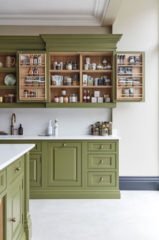 open wall cupboards with racks on the inside of doors in green kitchen
