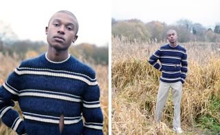 Two images- Left- Model wearing knitted jumper with cut-out in the body, Right- Model wearing knitted jumper with cut-out in the body