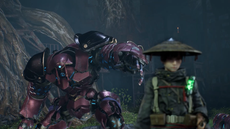 A red, tired-looking, thick mech points its arm at a woman walking the other direction in a forest - all from a Beast of Reincarnation screenshot