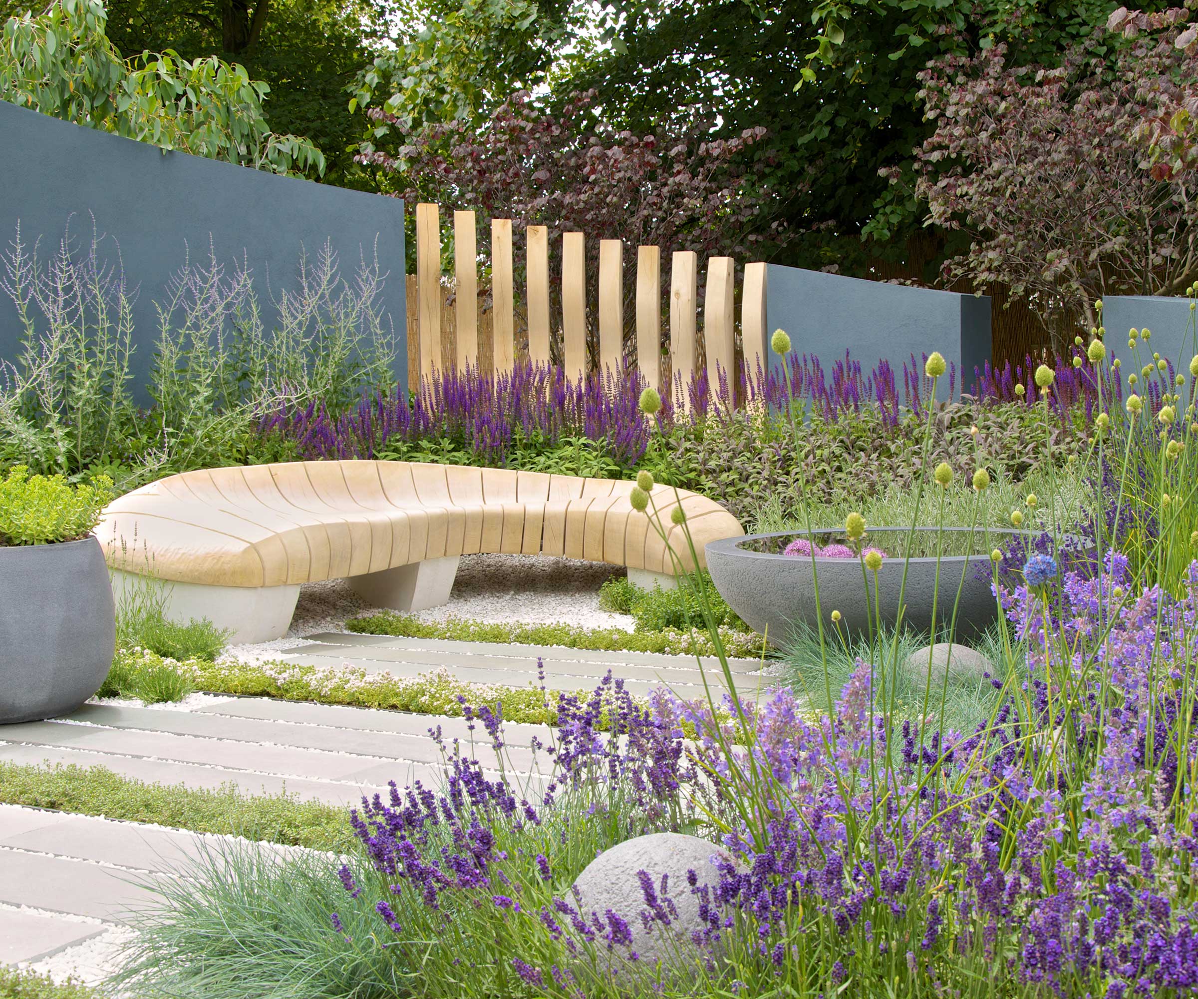 purple flowerbeds at the Healing Urban Garden designed by Rae Wilkinson