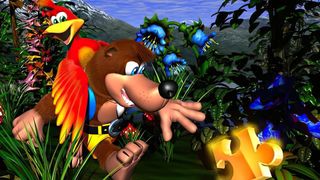 Banjo-Kazooie hunting for a shiny Jiggy in a tropical jungle