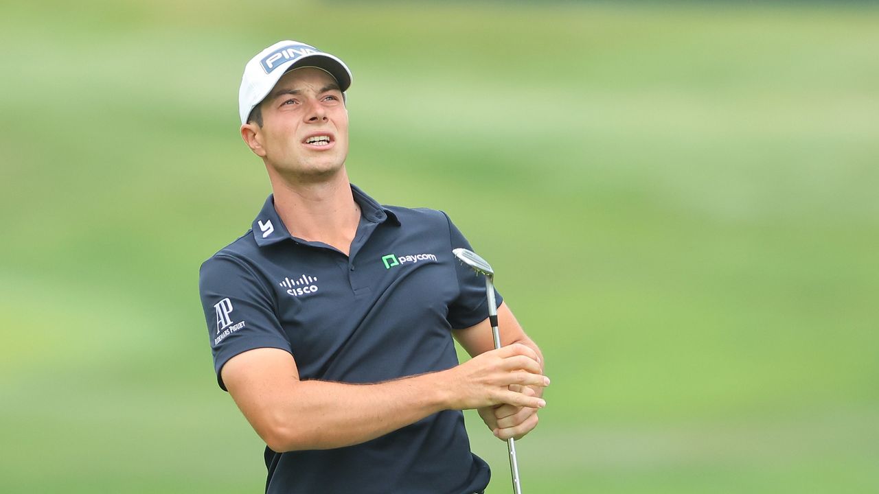 Viktor Hovland watches his second shot on the second hole during the Travelers Championship.