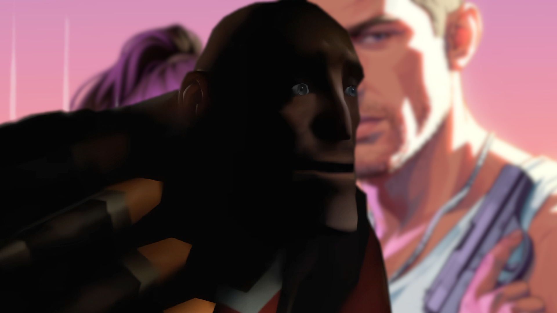 Heavy, from the Meet the Pyro trailer, saying his conic "that thing... it scares me" line with GTA 6 artwork behind him.