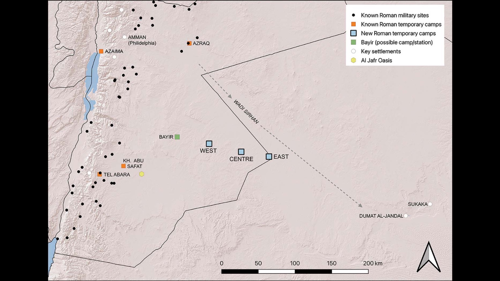 Map showing that three Roman camps run in a line roughly east and south into the desert from an oasis at Bayir. They seem to be heading towards the Nabataean city of Dumat al-Jandal; but the usual route to the city was to the north, from Azraq.