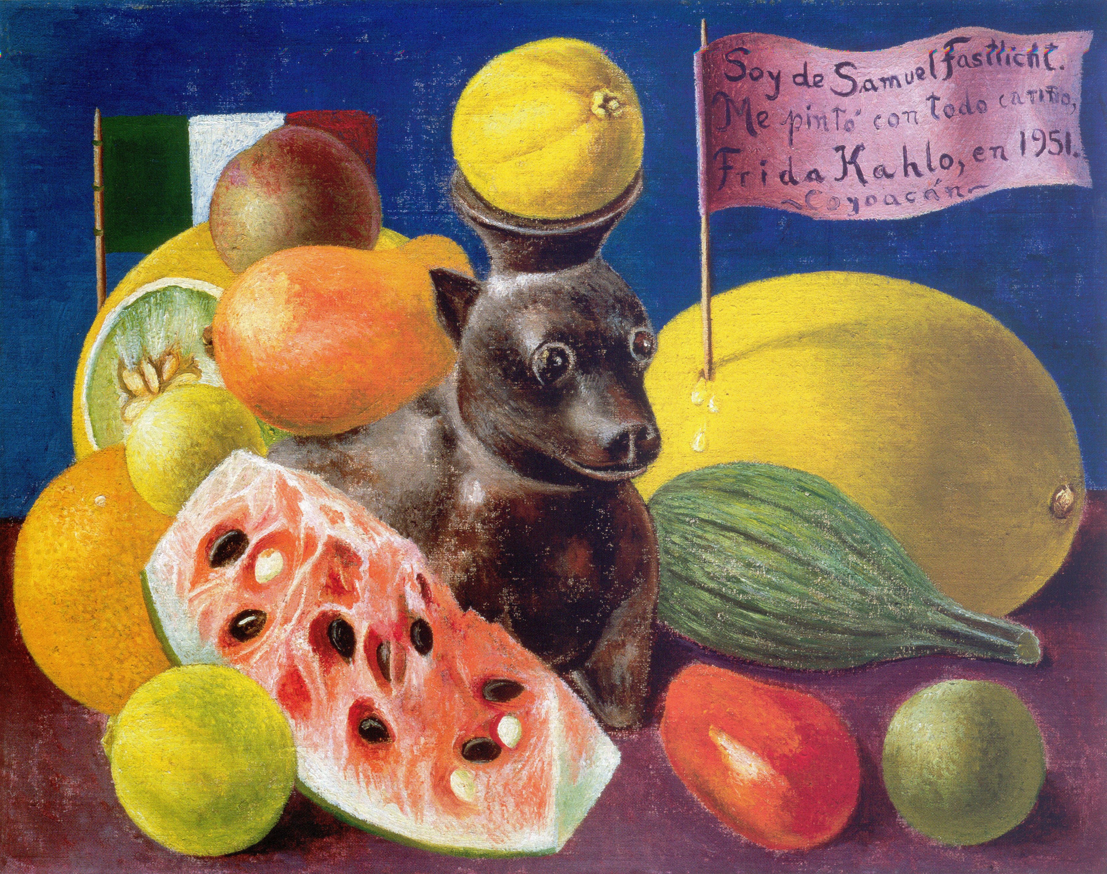 Frida Kahlo colourful still life of fruit and a dog-shaped fruit stand