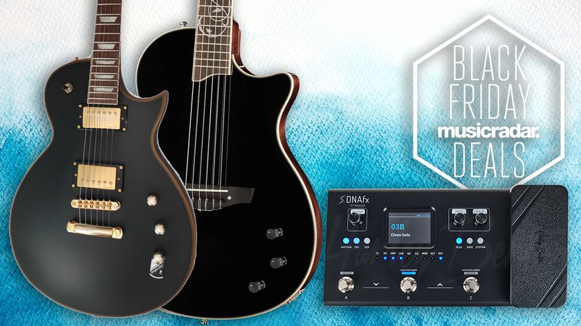 Two guitars and a pedal on a blue and white background