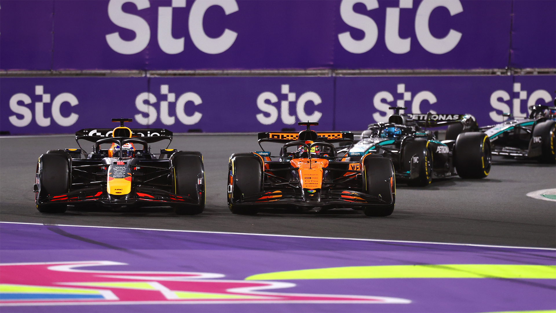 Red Bull’s Max Verstappen and McLaren’s Oscar Piastri vie for the lead at the 2025 Saudi Arabia Grand Prix