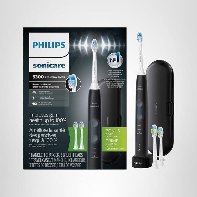 Philips Sonicare, Philips Sonicare Protectiveclean 5300 Rechargeable Electric Toothbrush, With Pressure Sensor, 3 Cleaning Modes, Smartimer and Quadpacer, With 2 Bonus Brush Heads, Travel Case, Black, Model Hx6423/34