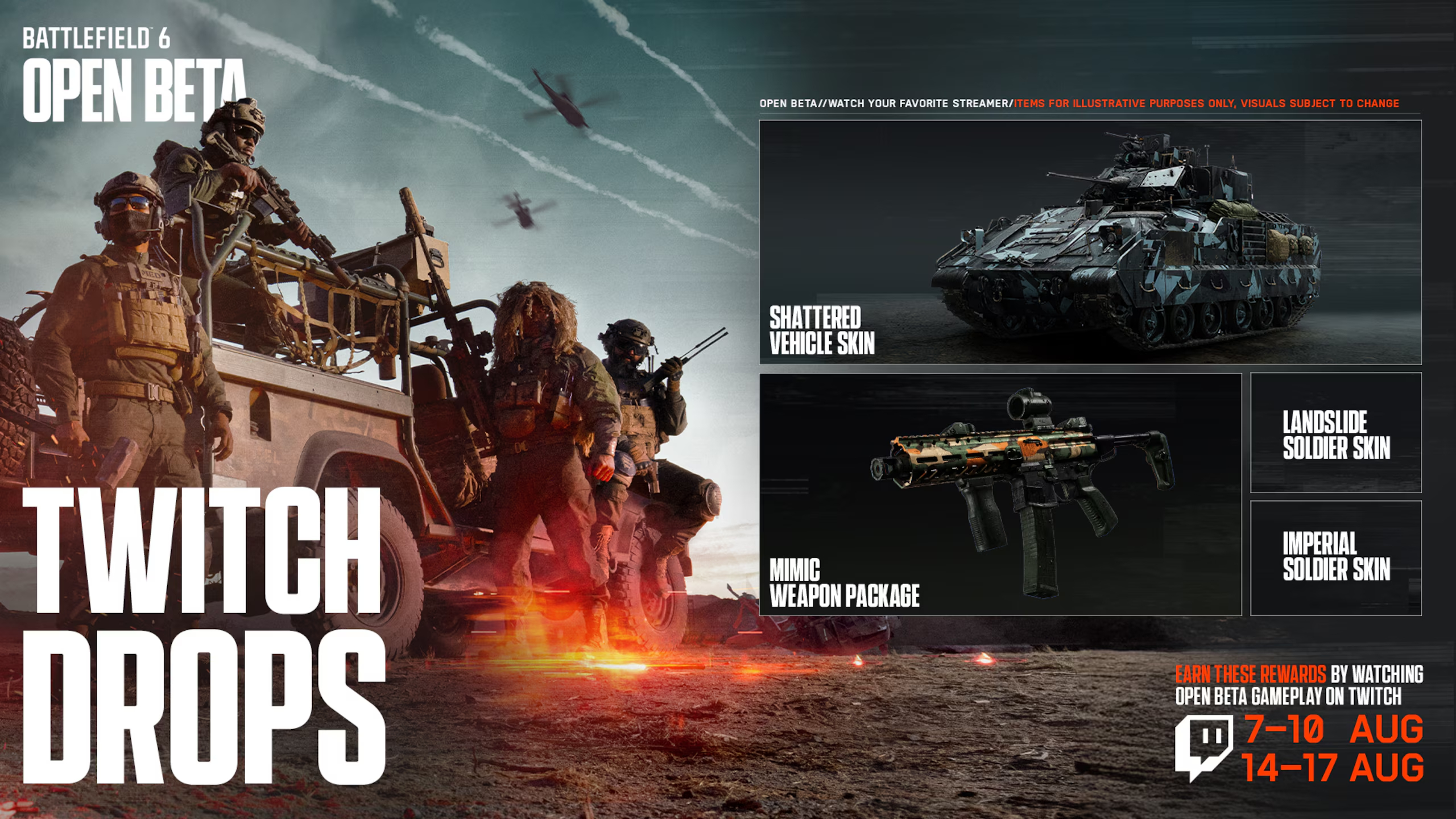 Battlefield 6 beta rewards: An infographic showing the Twitch Drop rewards you can earn, with an image of them both, a tank camo and a weapon skin.