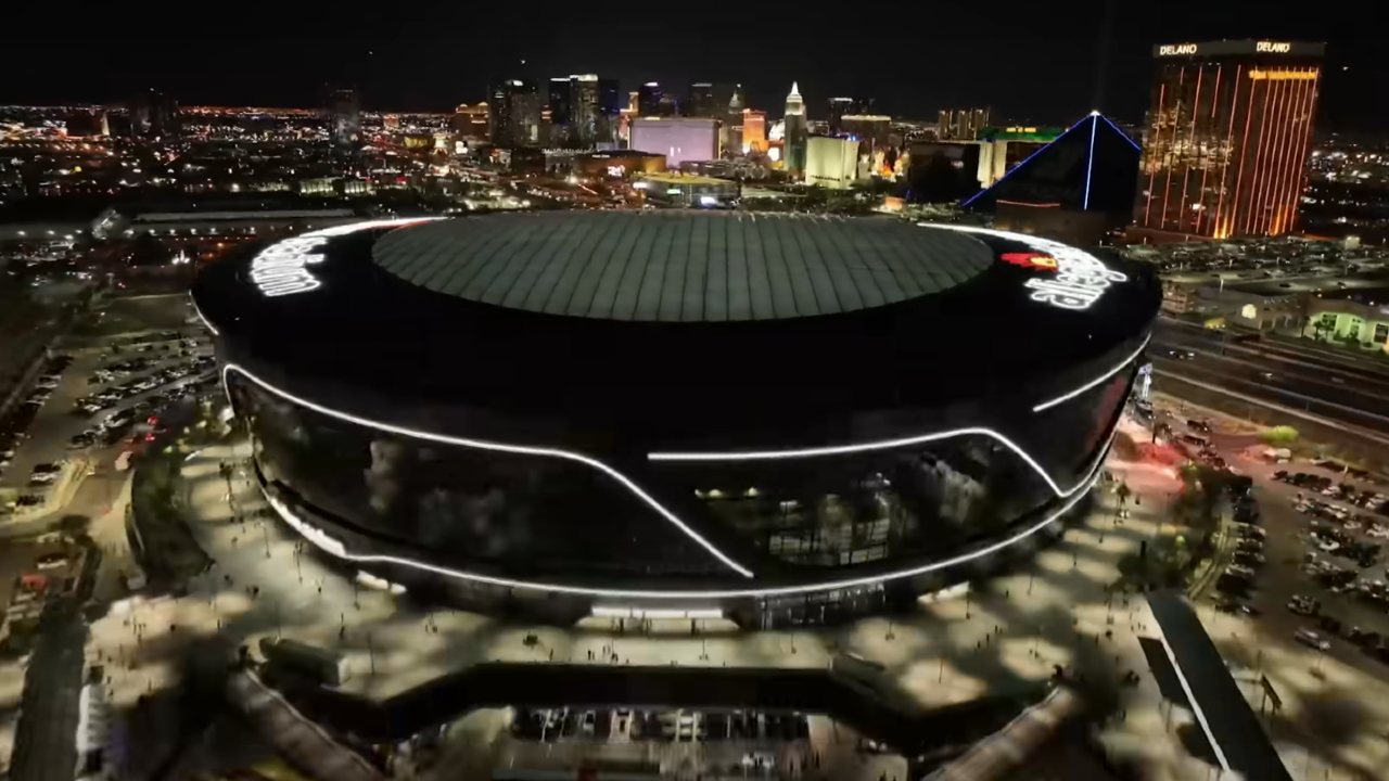 A nightly drone intake of the Allegian Stadium in the WWE -Wrestlemania 41 -announcement video.