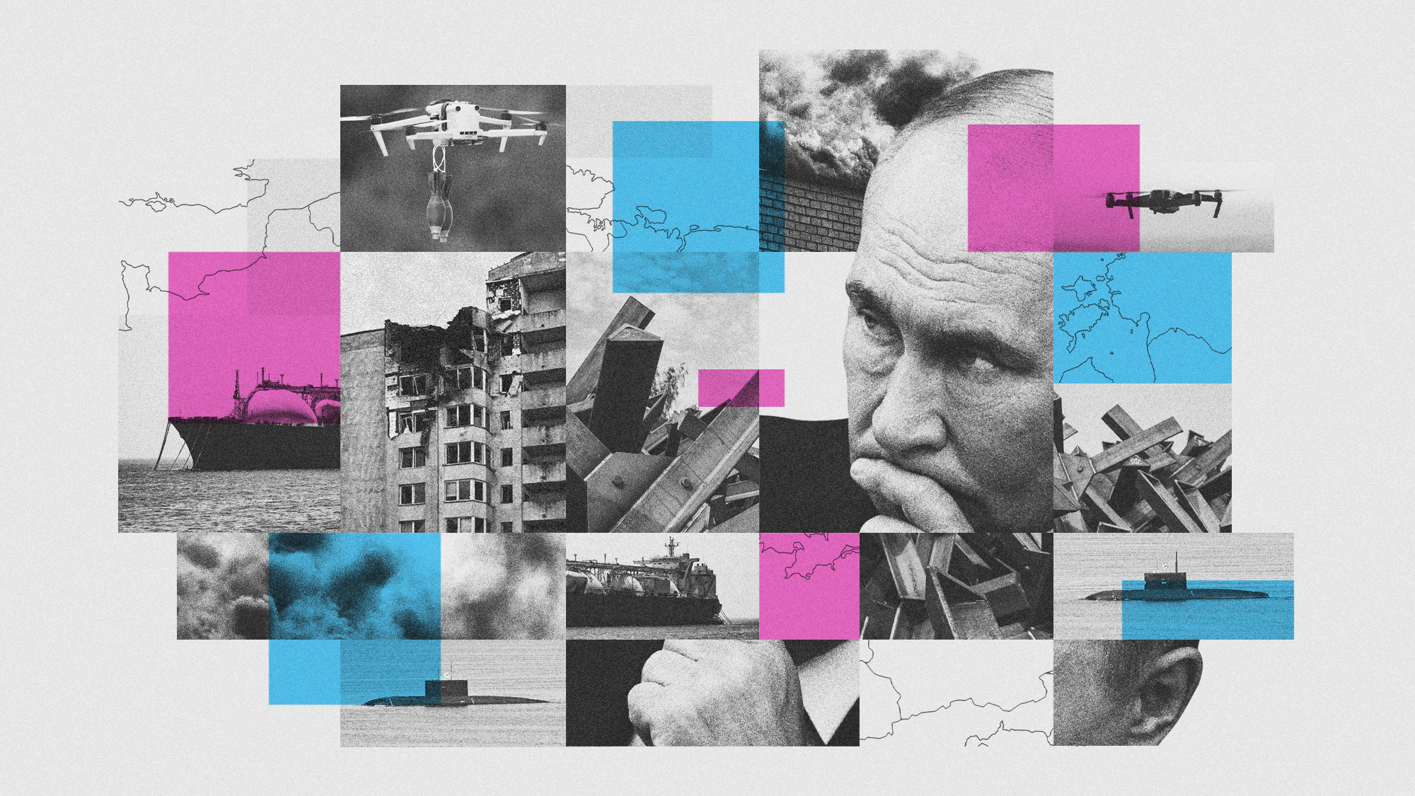 Photo composite illustration of Vladimir Putin, combat drones, an oil tanker, submarines, anti-tank hedgehogs and damaged buildings