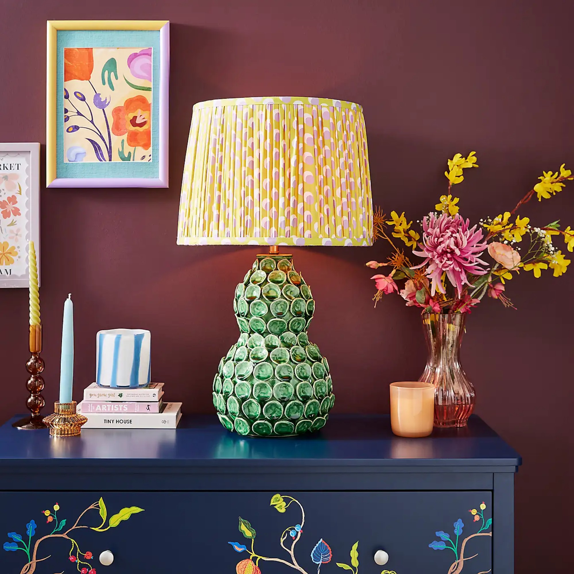 Dunelm x Sophie Robinson Ceramic Table Lamp on a hand-painted dark blue sideboard