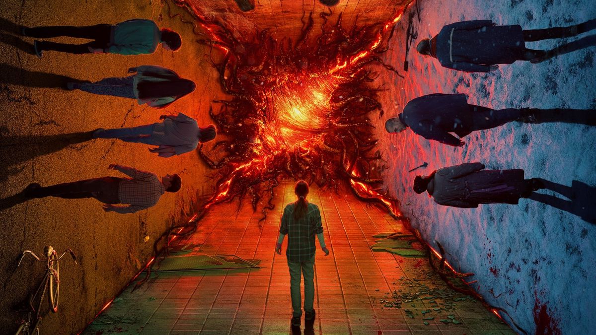 Stranger Things promo art with figure in upside down world