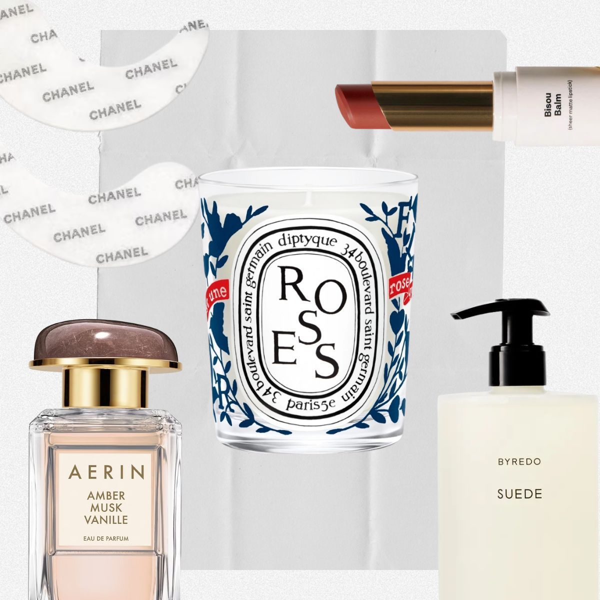 A collage of beauty products