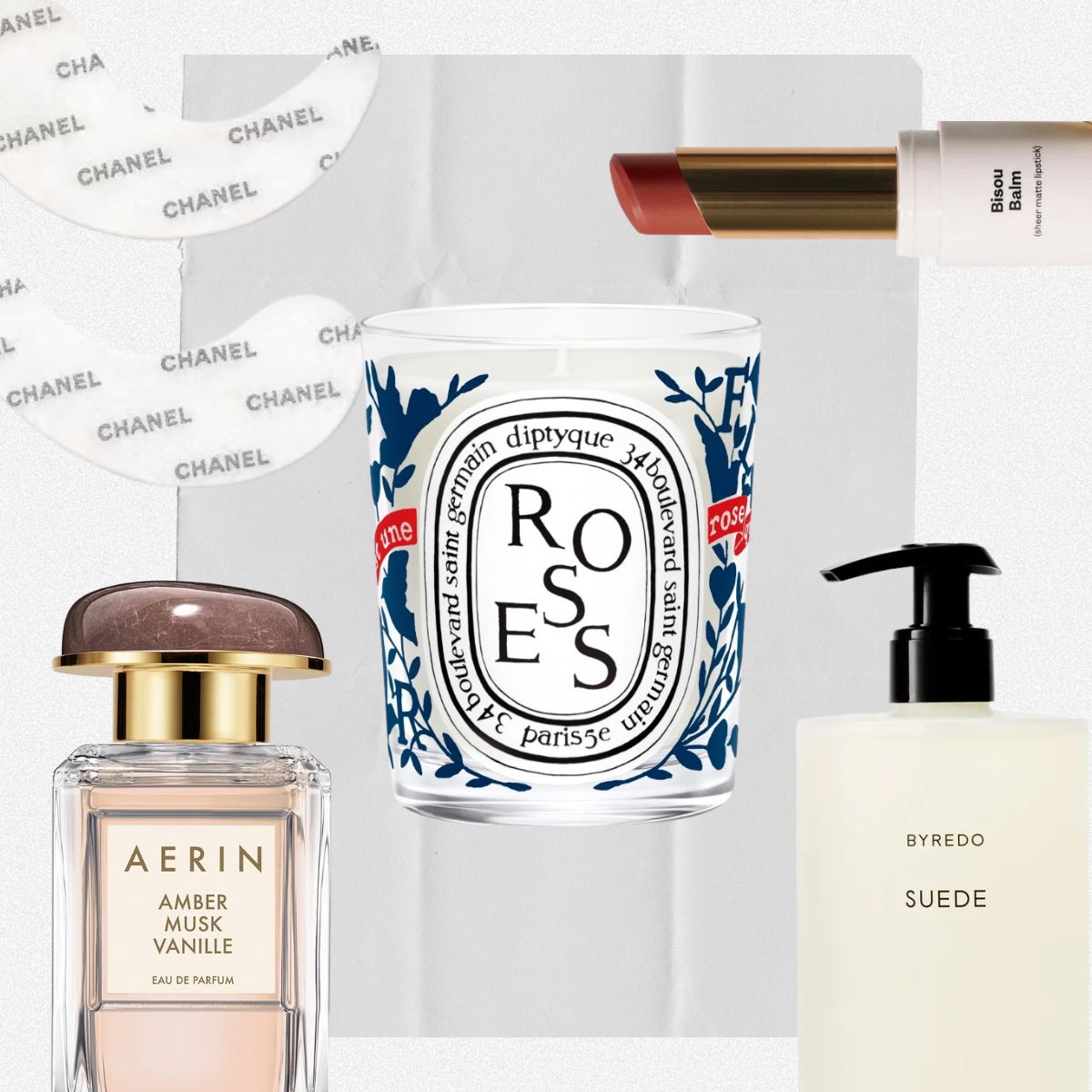 A collage of beauty products