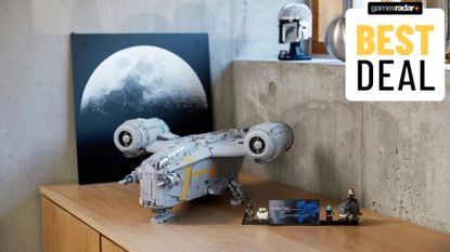 A Lego Razor Crest set on a shelf