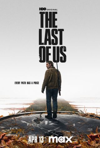 pedro pascal as joel standing over a burning clock in the poster for the last of us season 2