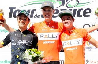 Robin Carpenter, Matteo Dal-Cin (Rally Cycling) and Sepp Kuss on the stage 2 podium at Tour de Beauce.