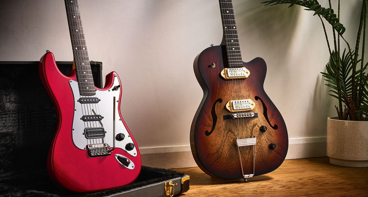 Lerxst Grace [left] and Godin 5th Avenue TL Gold Foil: Grace is a red HSS S-style with a mirror pickguard and a Vega tremolo system. The 5th Avenue model to its right sits beside a houseplant and is an arch-topped hollowbody with f-holes and gold-foil pickups.