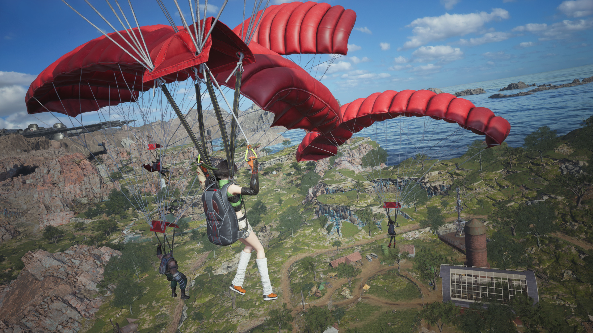 Companions Yuffie, Barret, and Tifa, parachute down to the ground in Final Fantasy 7 Revelation